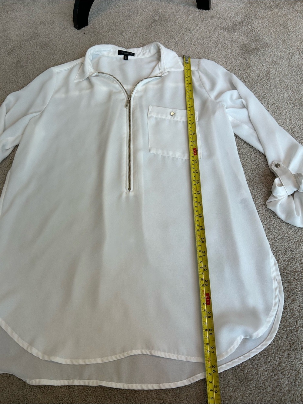 Dynamite Women's Zip-Front Ivory White Blouse with Pocket & Roll tab sleeves M - Picture 6 of 11
